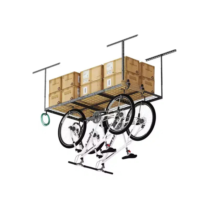 Rack di stoccaggio a soffitto per garage da 91x183 cm con 8 ganci accessori nero