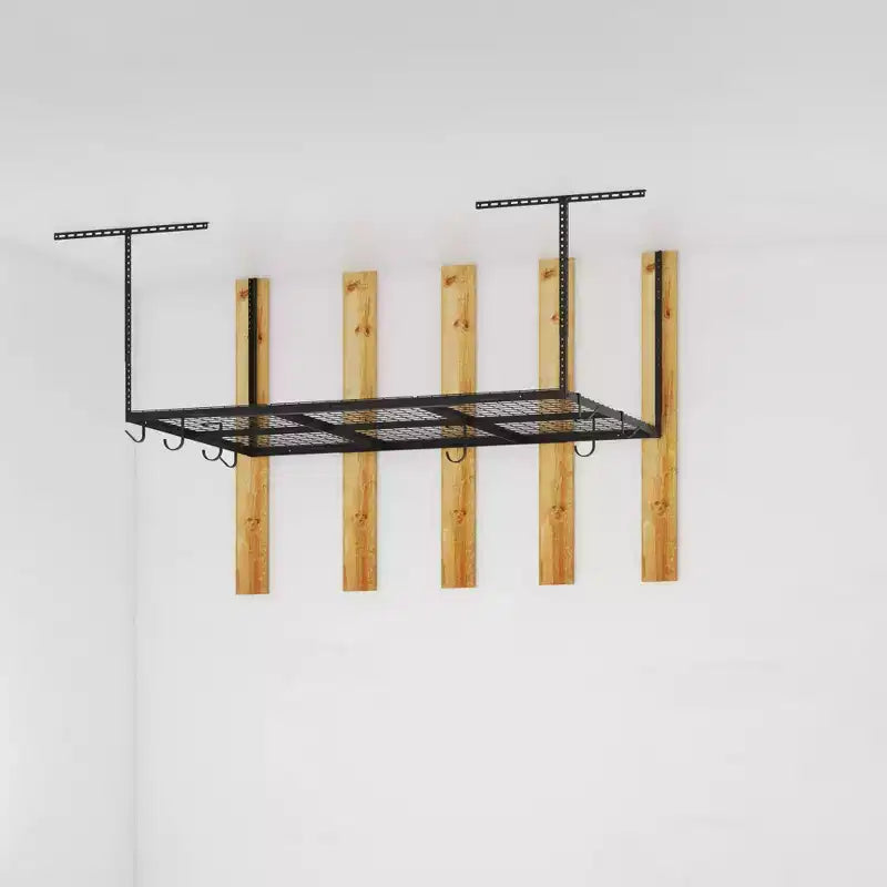 Rack di stoccaggio a soffitto per garage da 91x183 cm con 8 ganci accessori nero