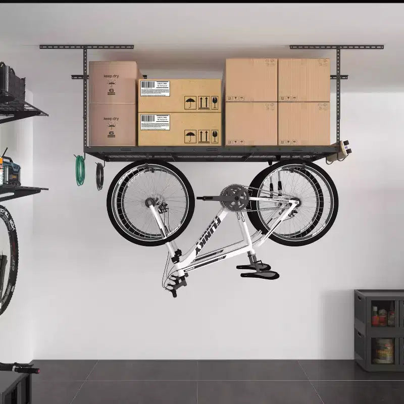 Rack di stoccaggio a soffitto per garage da 91x183 cm con 8 ganci accessori nero