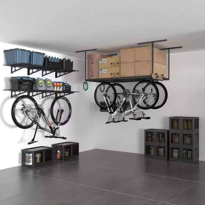 Rack di stoccaggio a soffitto per garage da 91x183 cm con 8 ganci accessori nero