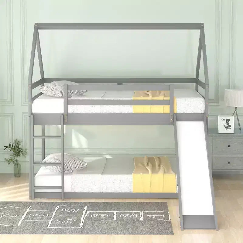 Whisen Twin Size Bunk House Bed with Slide and Ladder