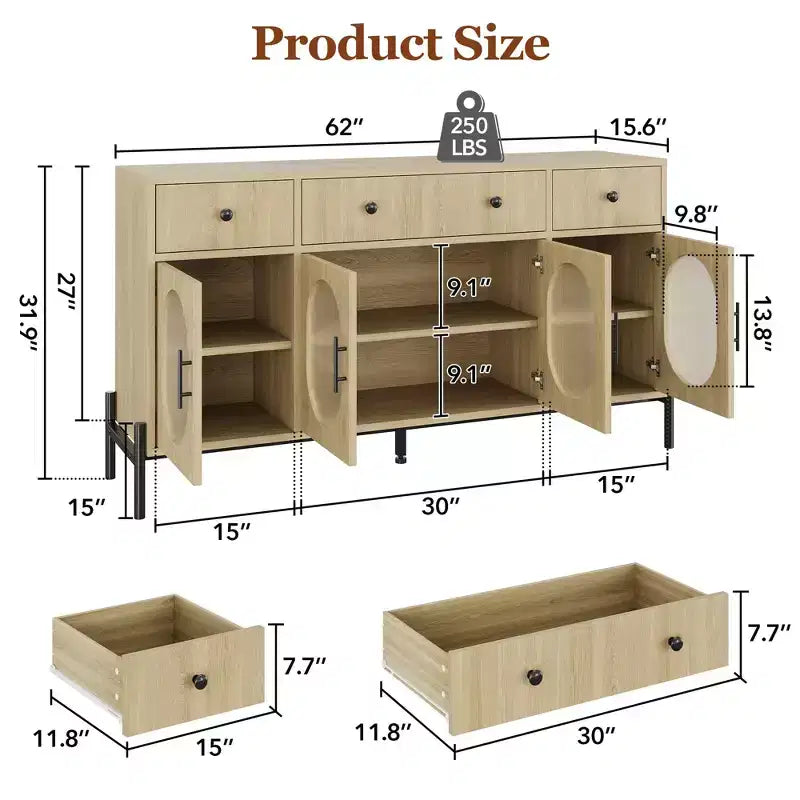 Mobile credenza grande da 157 cm con contenitore e 3 cassetti, mobile buffet con 4 ante in vetro per sala da pranzo, soggiorno, cucina