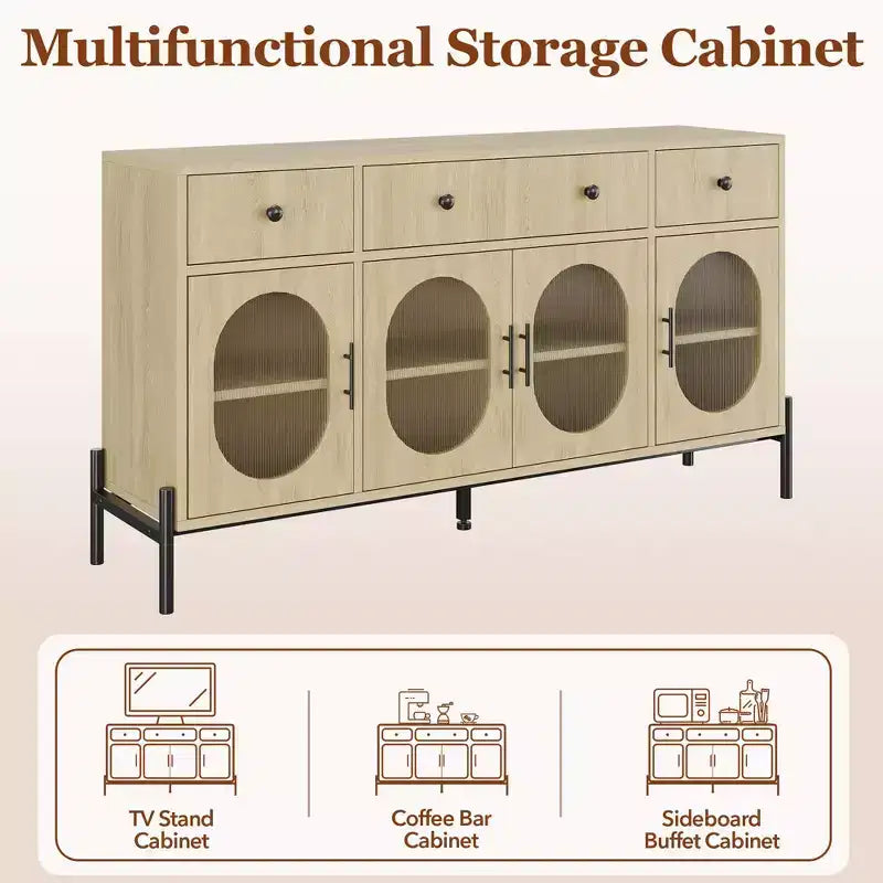 Mobile credenza grande da 157 cm con contenitore e 3 cassetti, mobile buffet con 4 ante in vetro per sala da pranzo, soggiorno, cucina