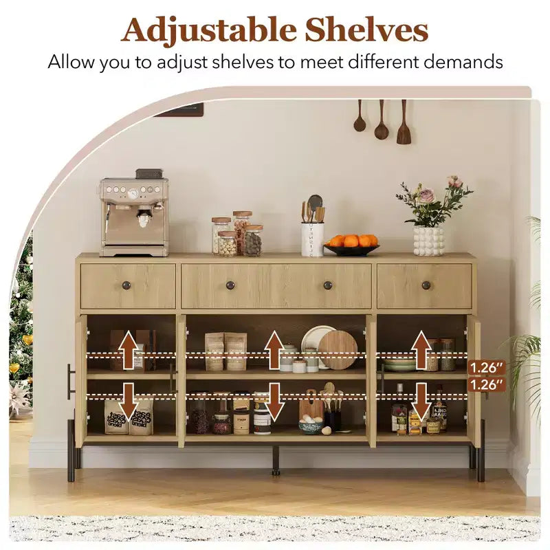 Mobile credenza grande da 157 cm con contenitore e 3 cassetti, mobile buffet con 4 ante in vetro per sala da pranzo, soggiorno, cucina