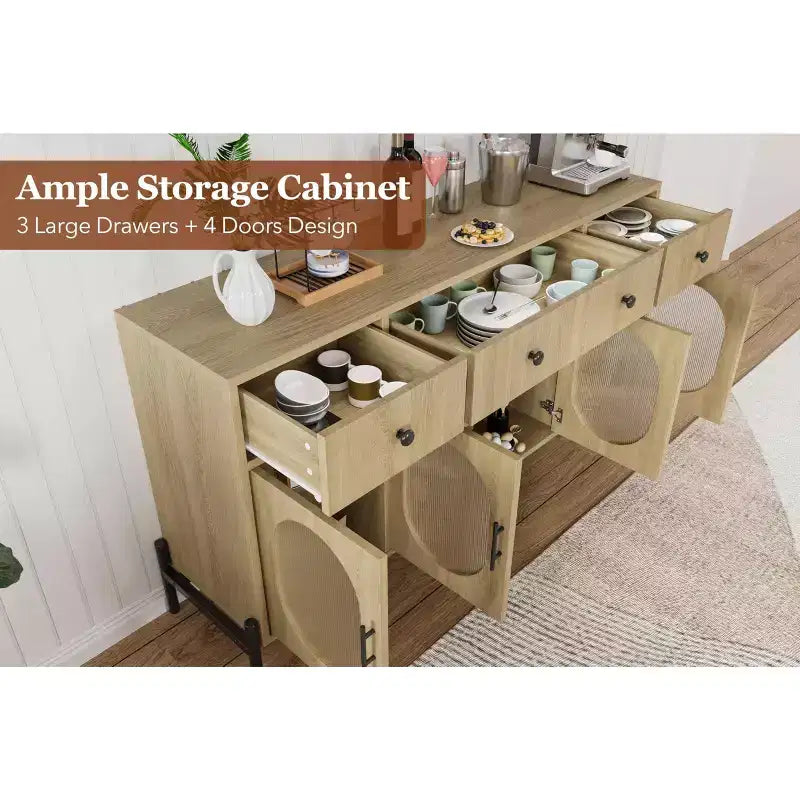 Mobile credenza grande da 157 cm con contenitore e 3 cassetti, mobile buffet con 4 ante in vetro per sala da pranzo, soggiorno, cucina