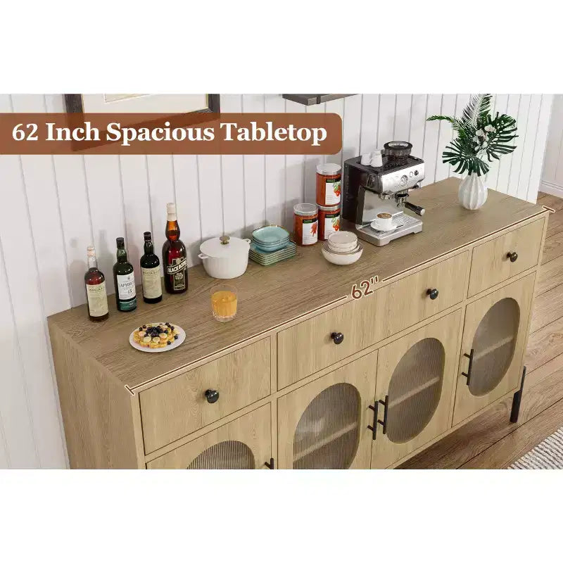 Mobile credenza grande da 157 cm con contenitore e 3 cassetti, mobile buffet con 4 ante in vetro per sala da pranzo, soggiorno, cucina