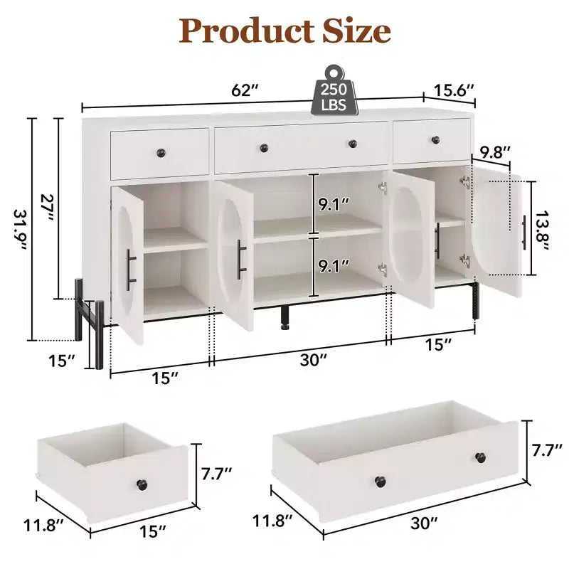 Mobile credenza grande da 157 cm con contenitore e 3 cassetti, mobile buffet con 4 ante in vetro per sala da pranzo, soggiorno, cucina