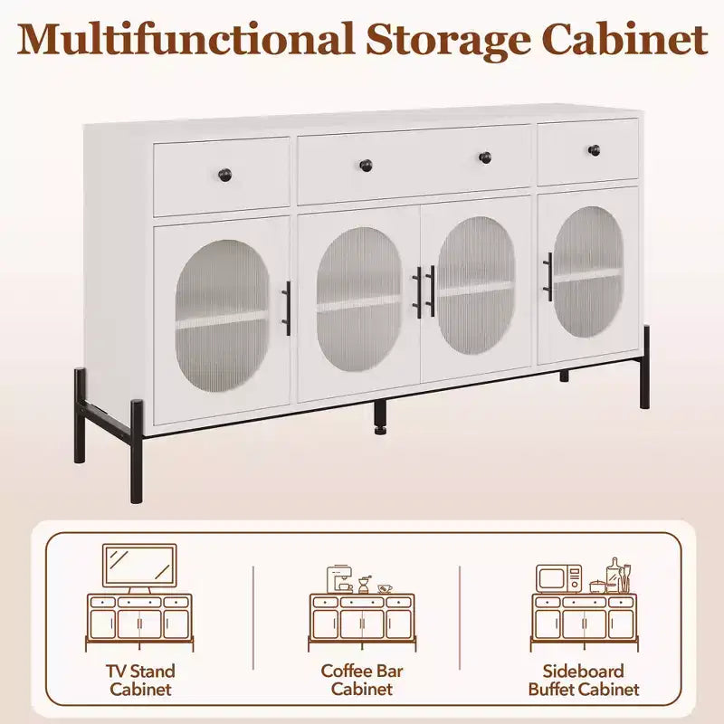Mobile credenza grande da 157 cm con contenitore e 3 cassetti, mobile buffet con 4 ante in vetro per sala da pranzo, soggiorno, cucina