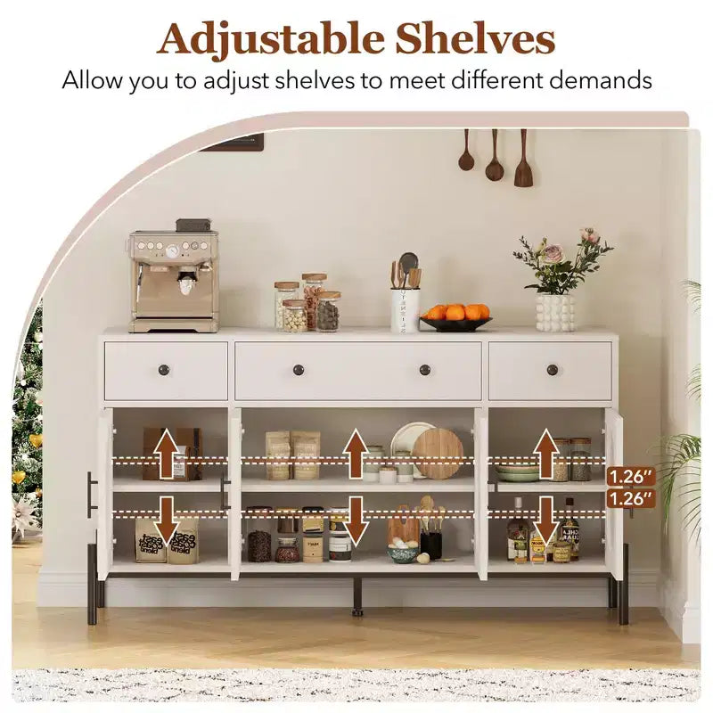 Mobile credenza grande da 157 cm con contenitore e 3 cassetti, mobile buffet con 4 ante in vetro per sala da pranzo, soggiorno, cucina