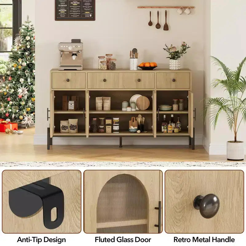 Mobile credenza grande da 157 cm con contenitore e 3 cassetti, mobile buffet con 4 ante in vetro per sala da pranzo, soggiorno, cucina