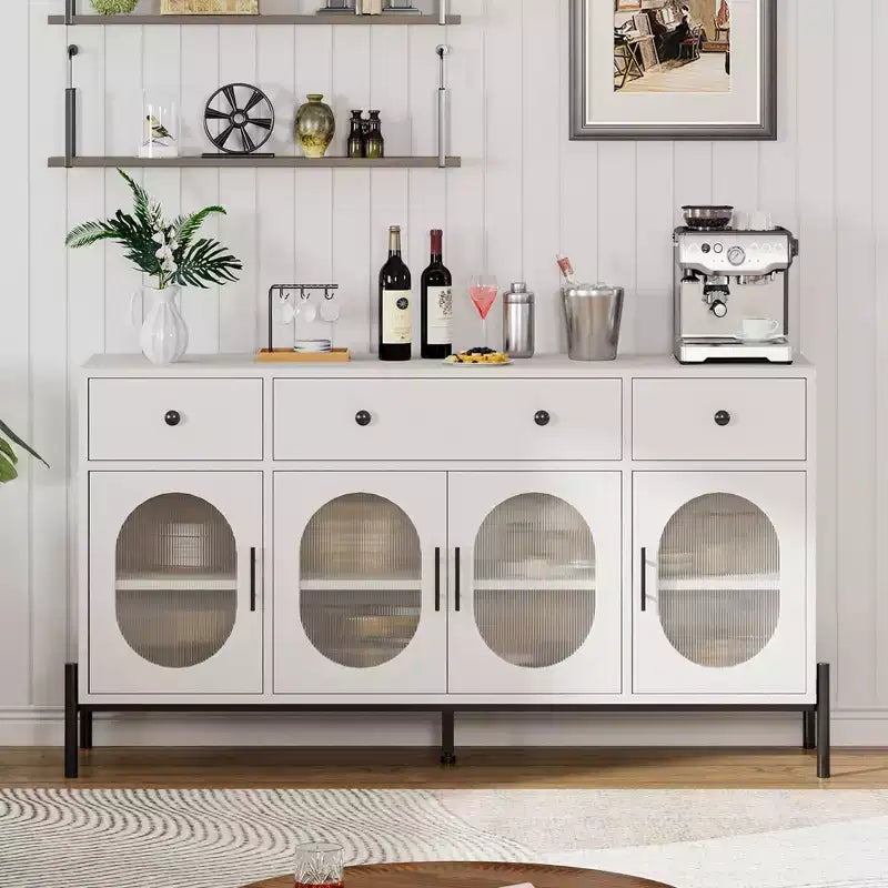 62 Inch Large Sideboard Buffet Cabinet with Storage and 3 Drawers, Coffee Bar Storage Cabinet with 4 Glass Doors for Dining Room,Living Room, Kitchen