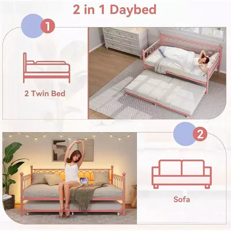 Struttura letto, Struttura letto a una piazza con letto estraibile, Divano convertibile 2 in 1, Letto salvaspazio in metallo, per piccoli spazi, appartamenti, soggiorno