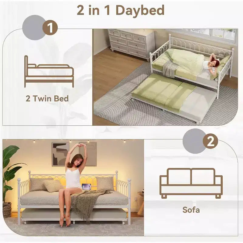 Struttura letto, Struttura letto a una piazza con letto estraibile, Divano convertibile 2 in 1, Letto salvaspazio in metallo, per piccoli spazi, appartamenti, soggiorno