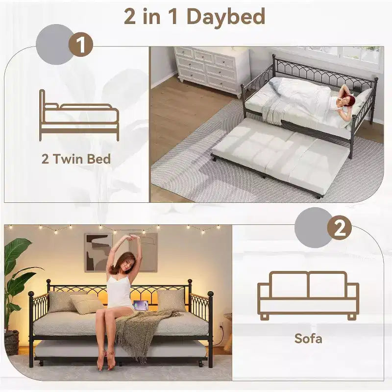 Struttura letto, Struttura letto a una piazza con letto estraibile, Divano convertibile 2 in 1, Letto salvaspazio in metallo, per piccoli spazi, appartamenti, soggiorno
