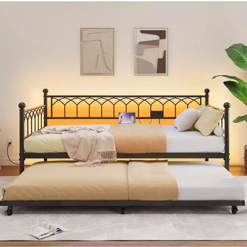 Bed Frame, Bed Frame Twin Daybed with Trundle, Convertible 2-in-1 Sofa, Space Saving Metal Sleeper, for Small Spaces, Apartments, Living Room