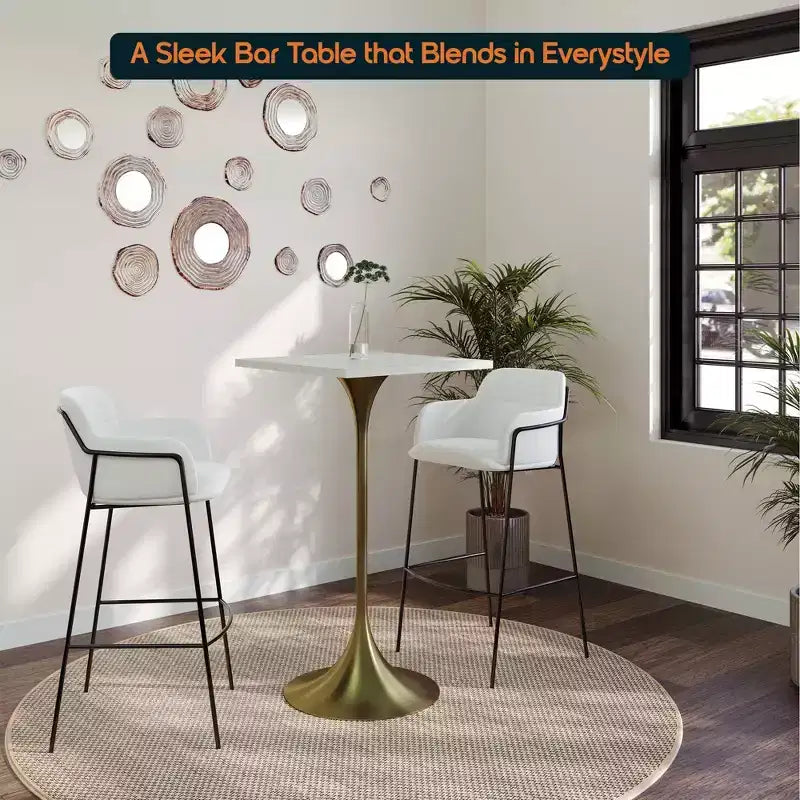 Tavolo da pranzo quadrato ad altezza bar - Piano moderno in MDF con base a piedistallo dorata spazzolata Tavolo ad altezza bancone per cucina, casa e pub