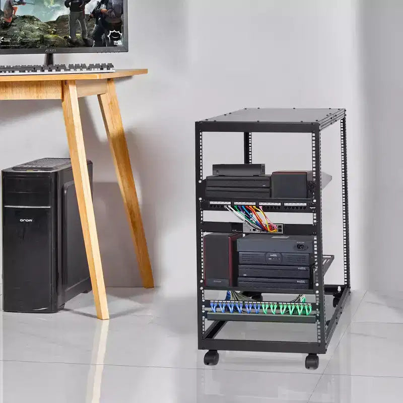 Armadio server 20U, alloggiamento di rete a struttura aperta, montabile a parete con 2 ripiani perforati e 4 ruote, profondità regolabile 23''-40''