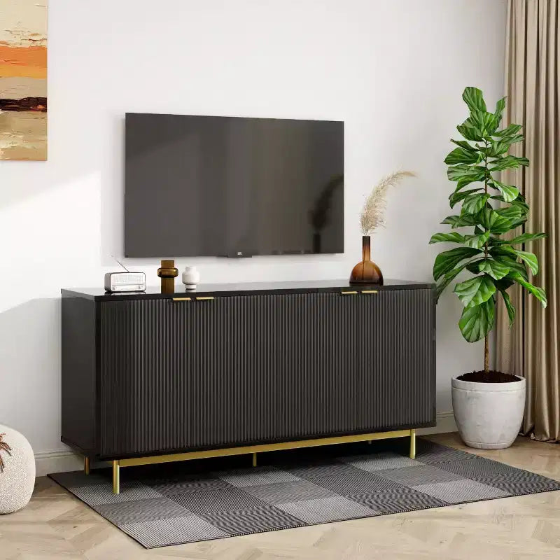 Mobile Credenza da 58 Pollici con Pannello Laterale e Spazio Contenitore, Credenza a Slat con Ripiani Regolabili e 4 Ante, Colore Nero/Legno Naturale