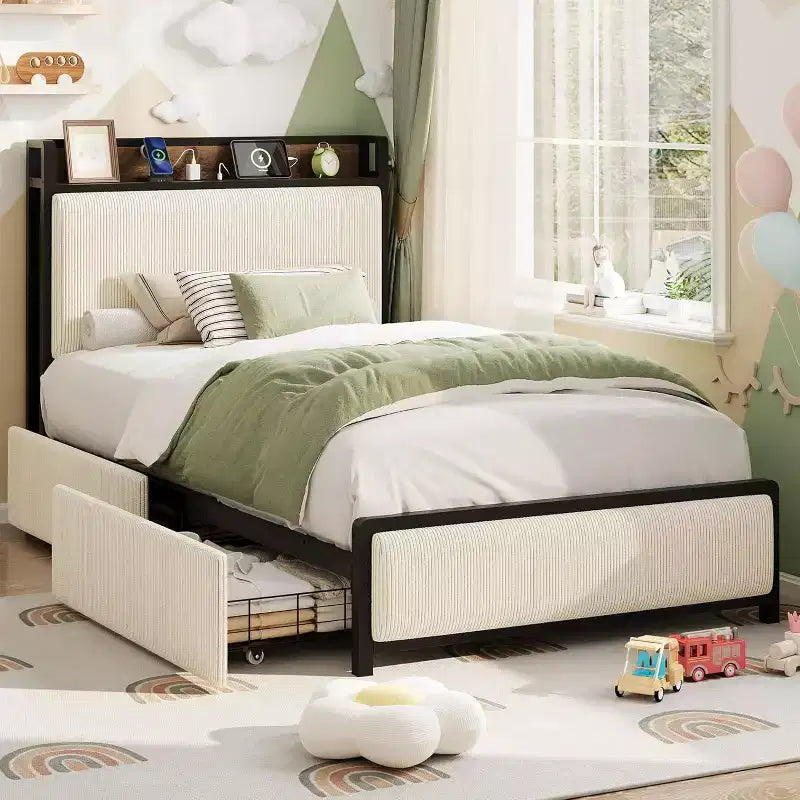 Twin-XL Size Bed Frame with Storage Headboard, Black Corduroy Upholstered Twin Platform Bedframe with Storage Drawers