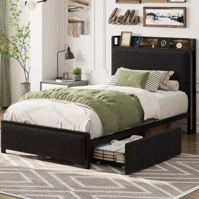 Base letto Twin-XL con testiera contenitore, struttura letto singola imbottita in velluto a coste nero con cassetti contenitore