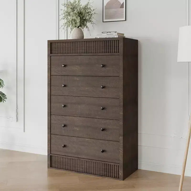 Modern Wood Storage Dresser,5-Drawer Fluted Chest, 31.5 Wide, Ideal for Kids Room, Hallway, and Living Room