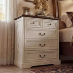 Comodino da Fattoria Comò a 5 Cassetti con Maniglie in Bronzo Anticato, per Camera da Letto, Comodino Cassettiera effetto Invecchiato