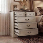 Comodino da Fattoria Comò a 5 Cassetti con Maniglie in Bronzo Anticato, per Camera da Letto, Comodino Cassettiera effetto Invecchiato