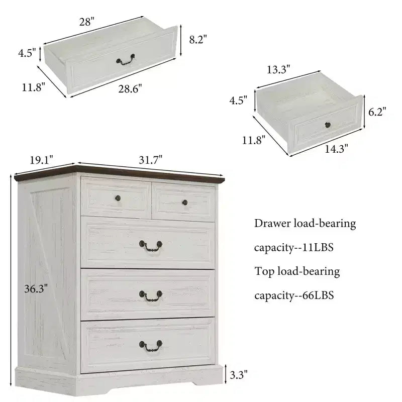 Comodino da Fattoria Comò a 5 Cassetti con Maniglie in Bronzo Anticato, per Camera da Letto, Comodino Cassettiera effetto Invecchiato