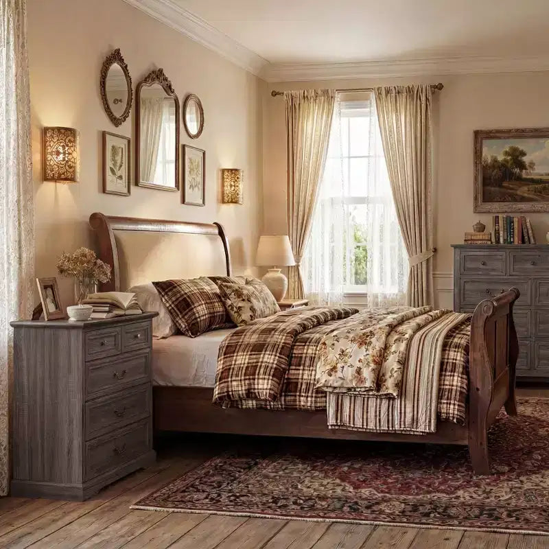 Comodino da Fattoria Comò a 5 Cassetti con Maniglie in Bronzo Anticato, per Camera da Letto, Comodino Cassettiera effetto Invecchiato