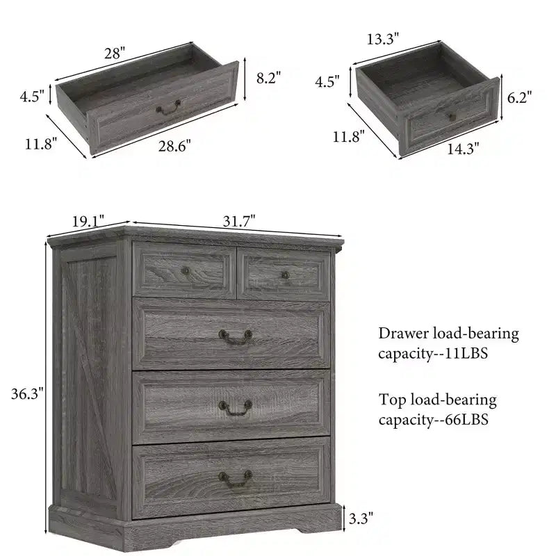 Comodino da Fattoria Comò a 5 Cassetti con Maniglie in Bronzo Anticato, per Camera da Letto, Comodino Cassettiera effetto Invecchiato