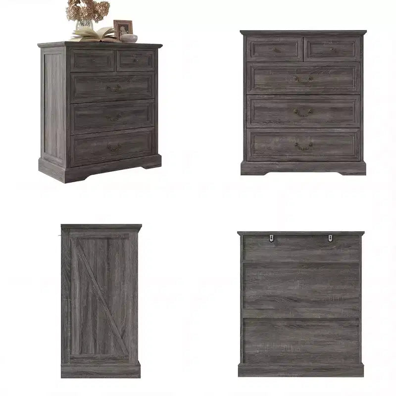 Comodino da Fattoria Comò a 5 Cassetti con Maniglie in Bronzo Anticato, per Camera da Letto, Comodino Cassettiera effetto Invecchiato