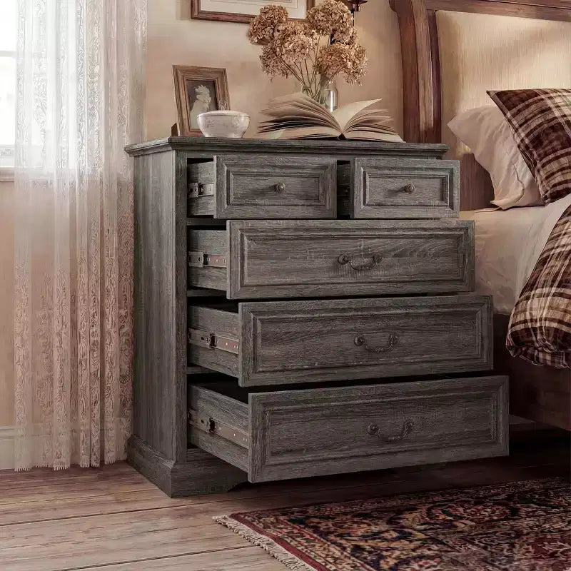 Comodino da Fattoria Comò a 5 Cassetti con Maniglie in Bronzo Anticato, per Camera da Letto, Comodino Cassettiera effetto Invecchiato