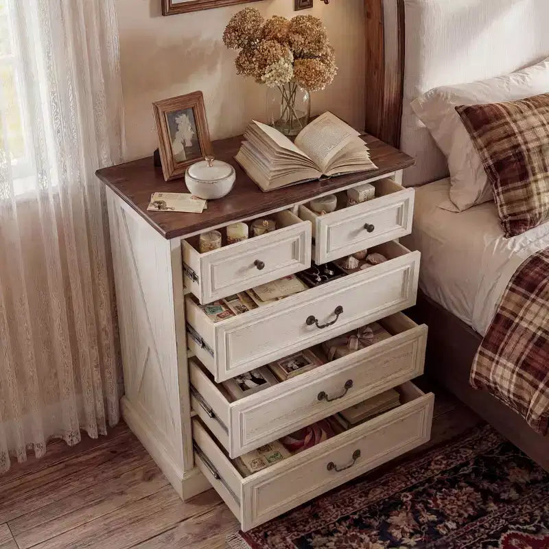 Comodino da Fattoria Comò a 5 Cassetti con Maniglie in Bronzo Anticato, per Camera da Letto, Comodino Cassettiera effetto Invecchiato
