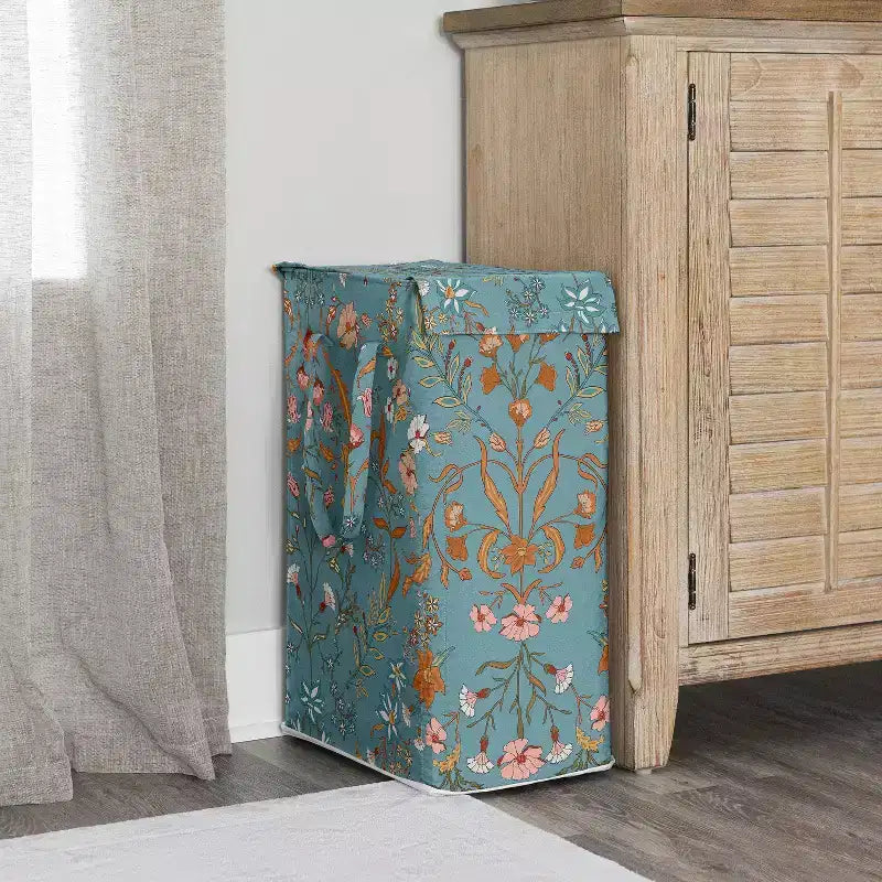 Cesta portabiancheria pieghevole per bambina con manici, motivo floreale bohémien, fiori selvatici blu, arancioni e rosa