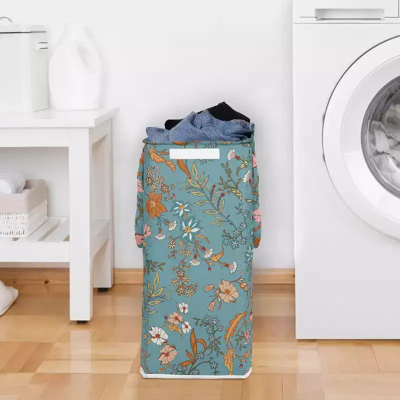 Cesta portabiancheria pieghevole per bambina con manici, motivo floreale bohémien, fiori selvatici blu, arancioni e rosa