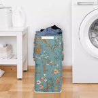 Cesta portabiancheria pieghevole per bambina con manici, motivo floreale bohémien, fiori selvatici blu, arancioni e rosa