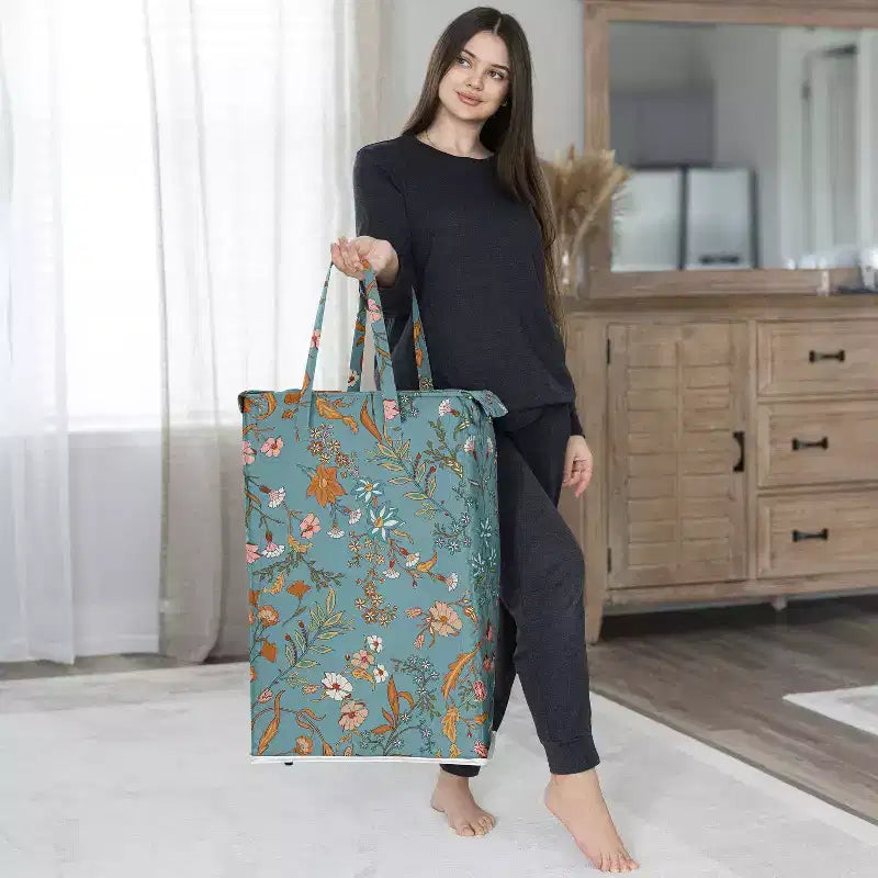 Cesta portabiancheria pieghevole per bambina con manici, motivo floreale bohémien, fiori selvatici blu, arancioni e rosa