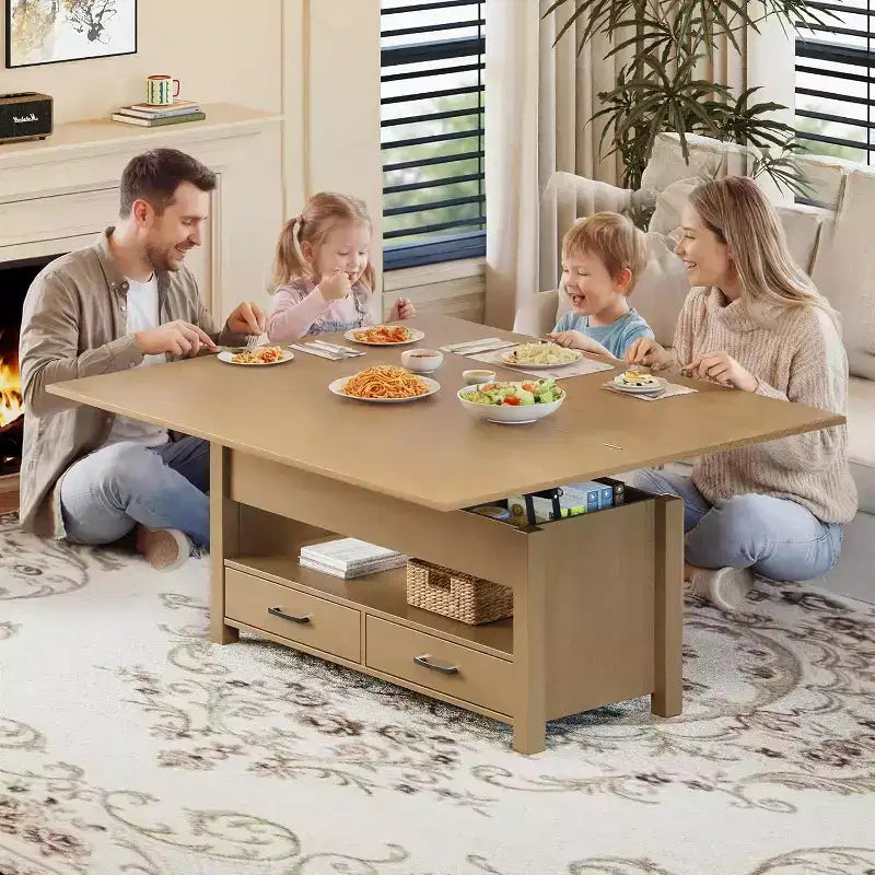Tavolino da caffè sollevabile sdoppiabile da 100 cm con 2 cassetti, trasformabile in tavolo da pranzo, tavolo centrale moderno e industriale per soggiorno e ufficio
