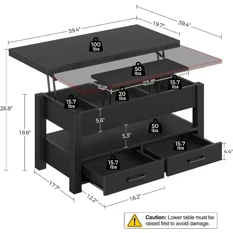 Tavolino da caffè sollevabile sdoppiabile da 100 cm con 2 cassetti, trasformabile in tavolo da pranzo, tavolo centrale moderno e industriale per soggiorno e ufficio
