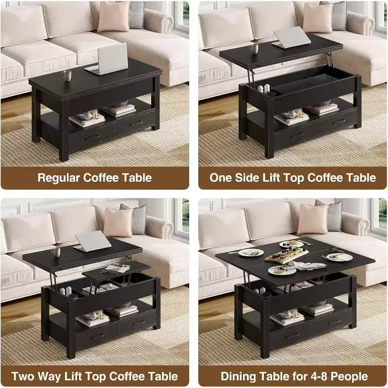 Tavolino da caffè sollevabile sdoppiabile da 100 cm con 2 cassetti, trasformabile in tavolo da pranzo, tavolo centrale moderno e industriale per soggiorno e ufficio