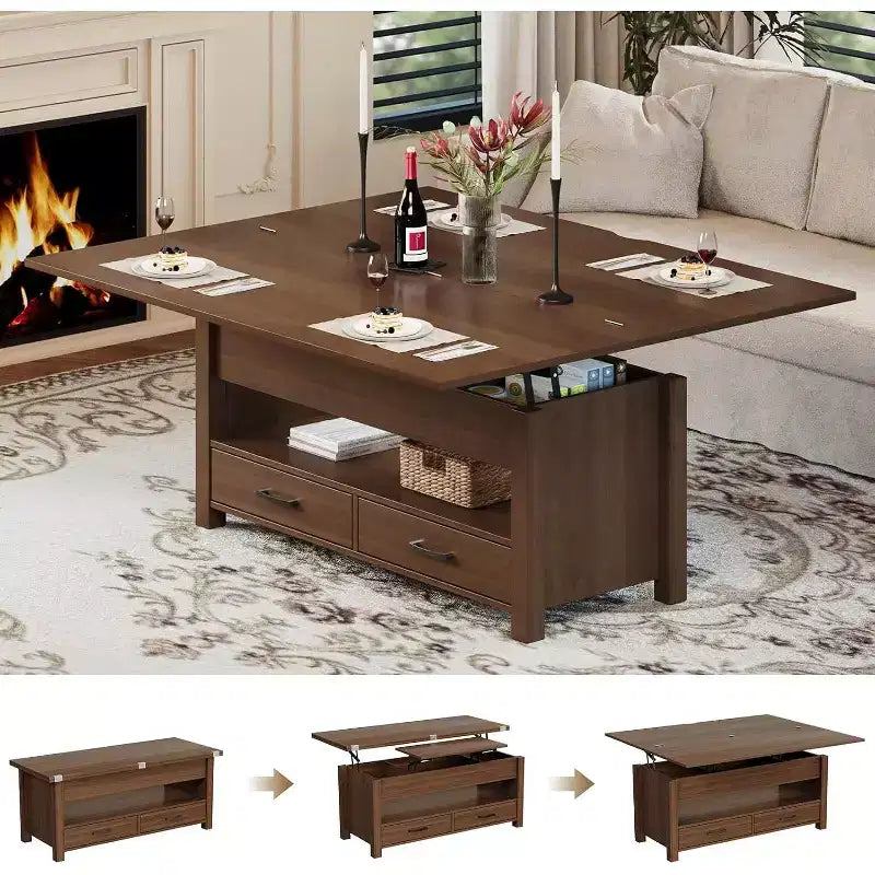 Tavolino da caffè sollevabile sdoppiabile da 100 cm con 2 cassetti, trasformabile in tavolo da pranzo, tavolo centrale moderno e industriale per soggiorno e ufficio