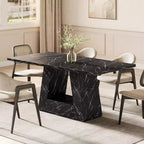 Tavolo da Pranzo per 4-6 Persone, Tavolo da Sala da Pranzo con Base a Piedistallo Triangolare in Legno per Cucina, Soggiorno, Finto Marmo Nero