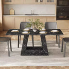Tavolo da Pranzo per 4-6 Persone, Tavolo da Sala da Pranzo con Base a Piedistallo Triangolare in Legno per Cucina, Soggiorno, Finto Marmo Nero