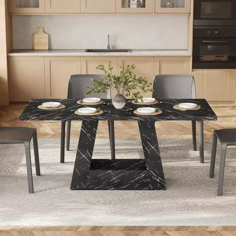 Tavolo da Pranzo per 4-6 Persone, Tavolo da Sala da Pranzo con Base a Piedistallo Triangolare in Legno per Cucina, Soggiorno, Finto Marmo Nero