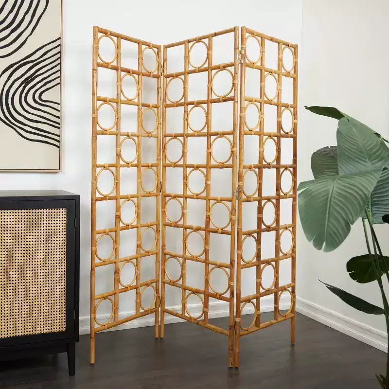 Divisorio a 3 pannelli in rattan intrecciato a mano con design a telaio aperto Marrone: Stile nautico costiero da spiaggia, Nessun assemblaggio richiesto