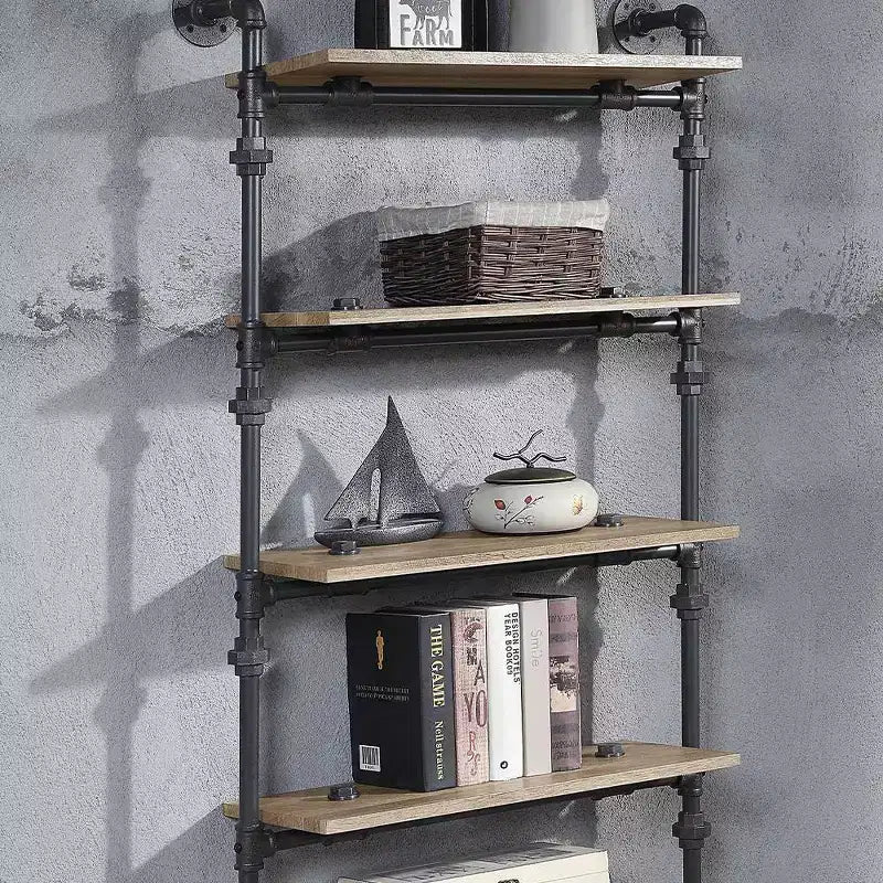 Libreria decorativa Brantley da 59" con finitura quercia e nero sabbia: a 5 ripiani, struttura in metallo, scaffale aperto, montaggio senza attrezzi