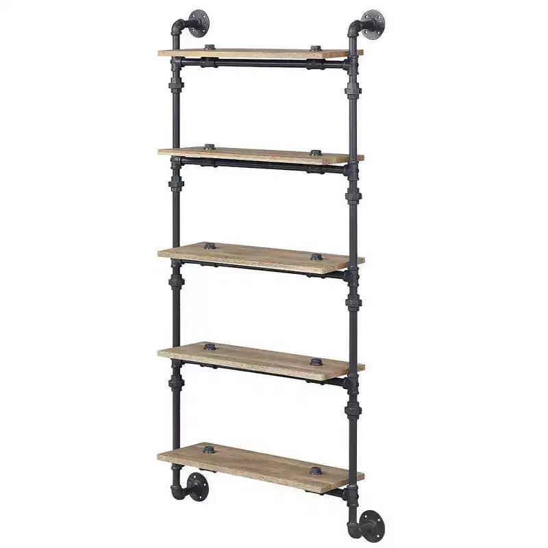 Libreria decorativa Brantley da 59" con finitura quercia e nero sabbia: a 5 ripiani, struttura in metallo, scaffale aperto, montaggio senza attrezzi