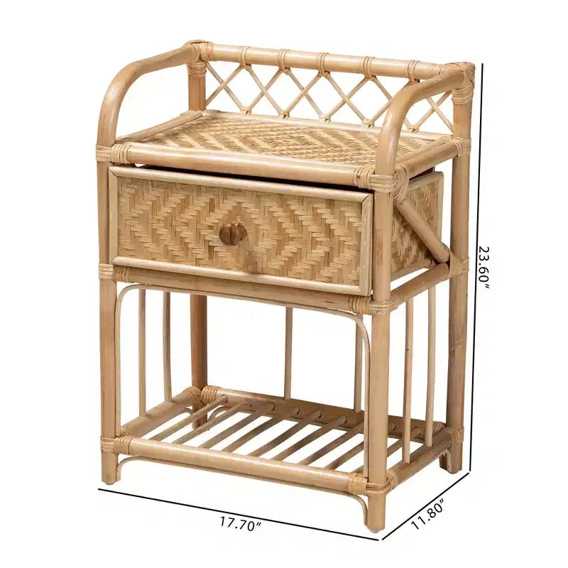 Comodino moderno bohémien in rattan naturale marrone con 1 cassetto