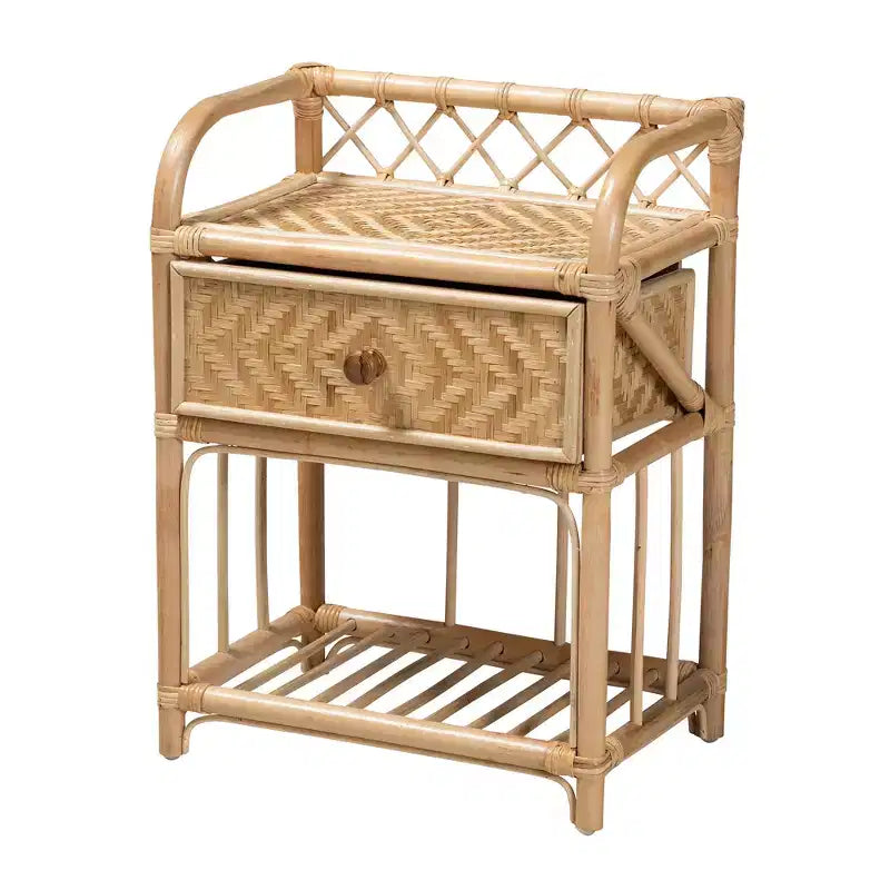 Comodino moderno bohémien in rattan naturale marrone con 1 cassetto