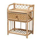 Comodino moderno bohémien in rattan naturale marrone con 1 cassetto